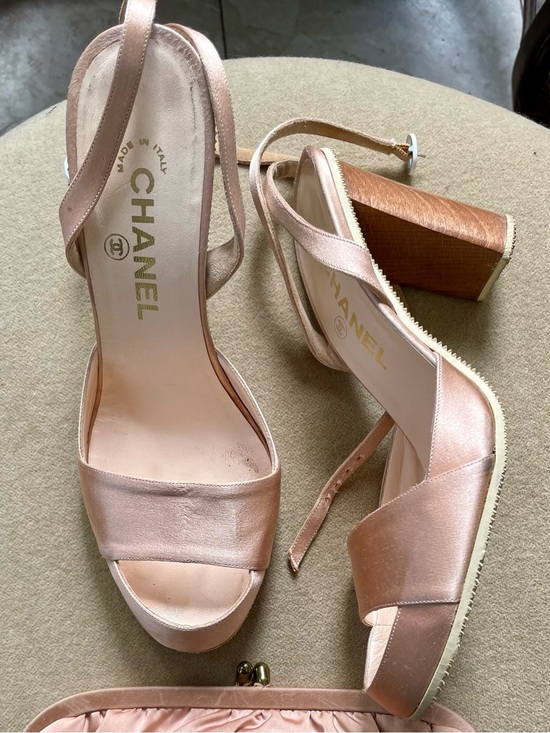 CHANEL Shoes - CHANEL Blush Satin Block-Heel Sandals